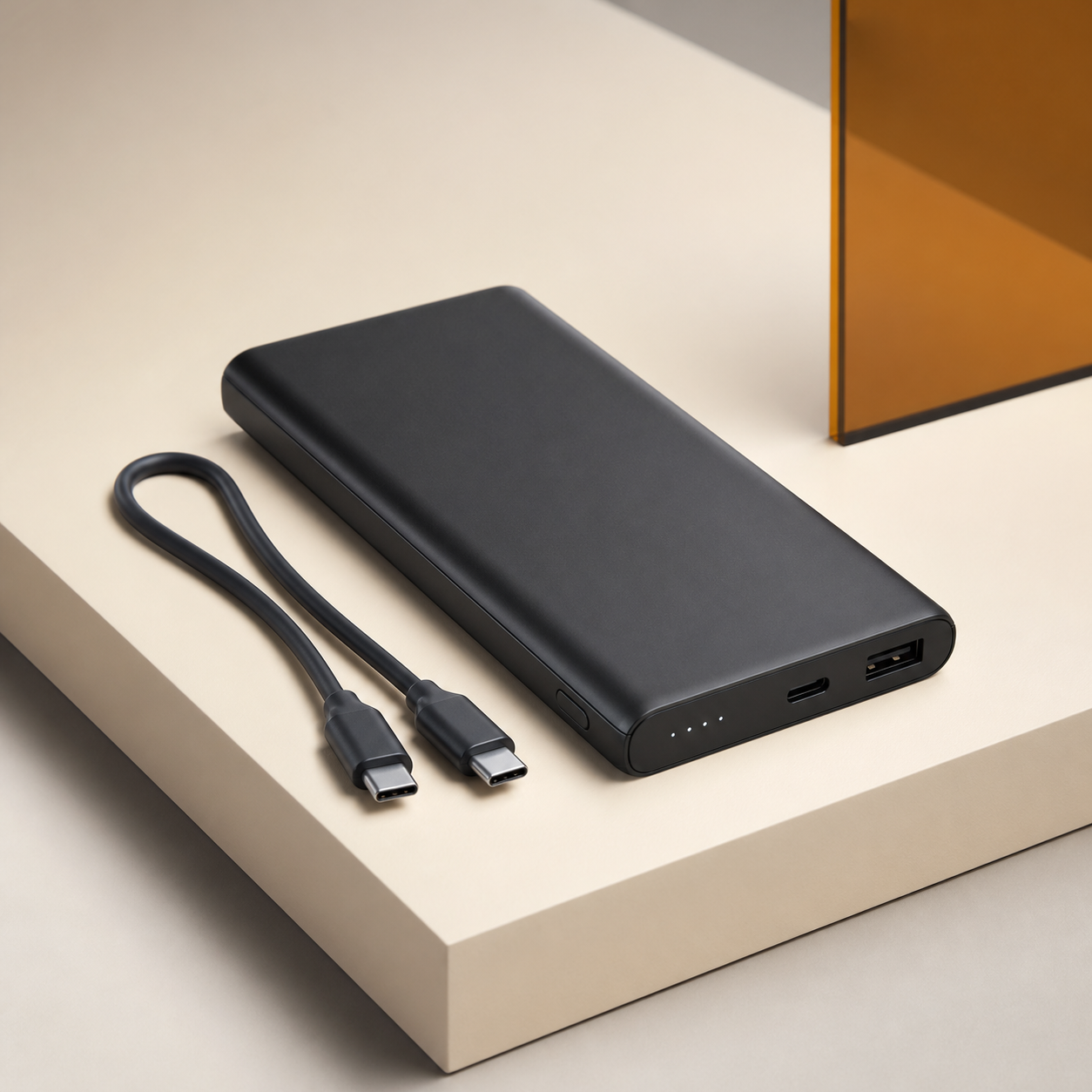 Slim charcoal 10000mAh power bank and charging cable