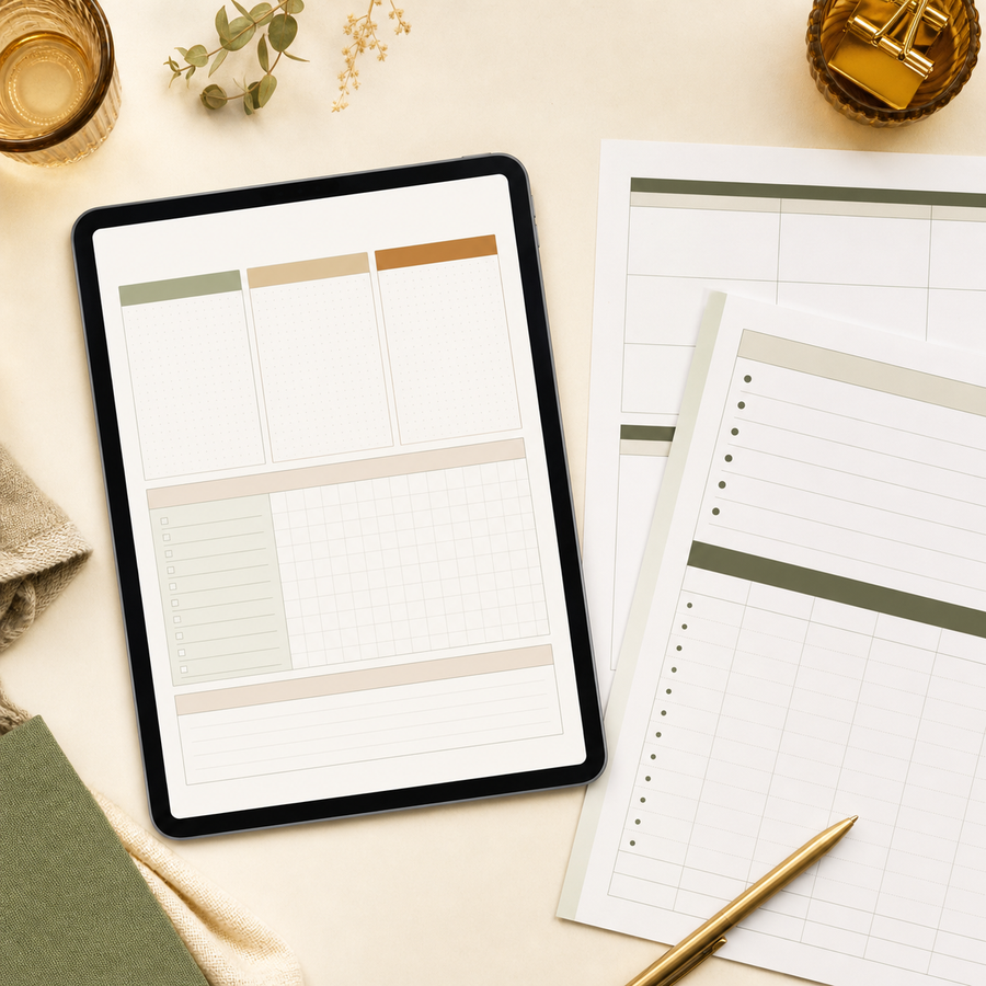 90-Day Business Planner on tablet and printable pages