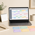 Annual content calendar spreadsheet shown on a laptop