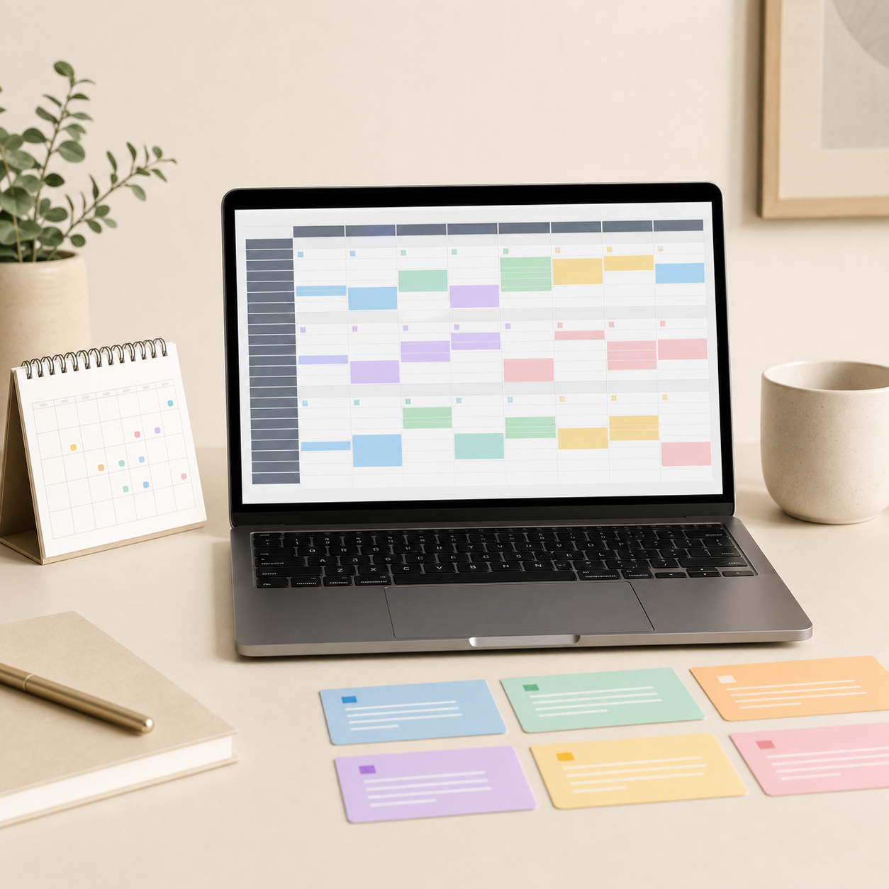 Annual content calendar spreadsheet shown on a laptop