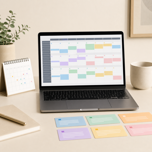 Annual content calendar spreadsheet shown on a laptop
