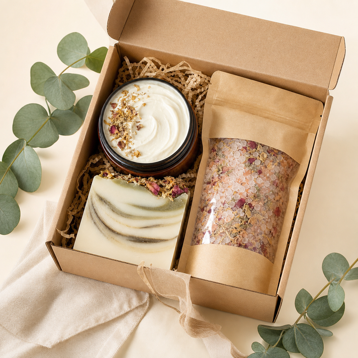 Botanical bath and body products arranged in a gift box
