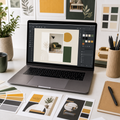 Design Essentials video course shown on a laptop with practice layouts