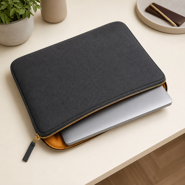 Charcoal canvas laptop sleeve with brass zip