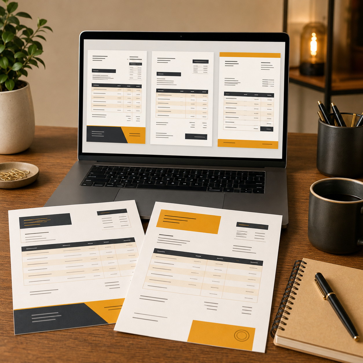 Editable invoice and receipt templates shown on a laptop and printed sheets