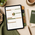 Personal finance planner on tablet with budget pages and calculator