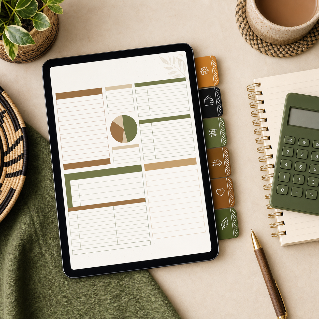 Personal finance planner on tablet with budget pages and calculator