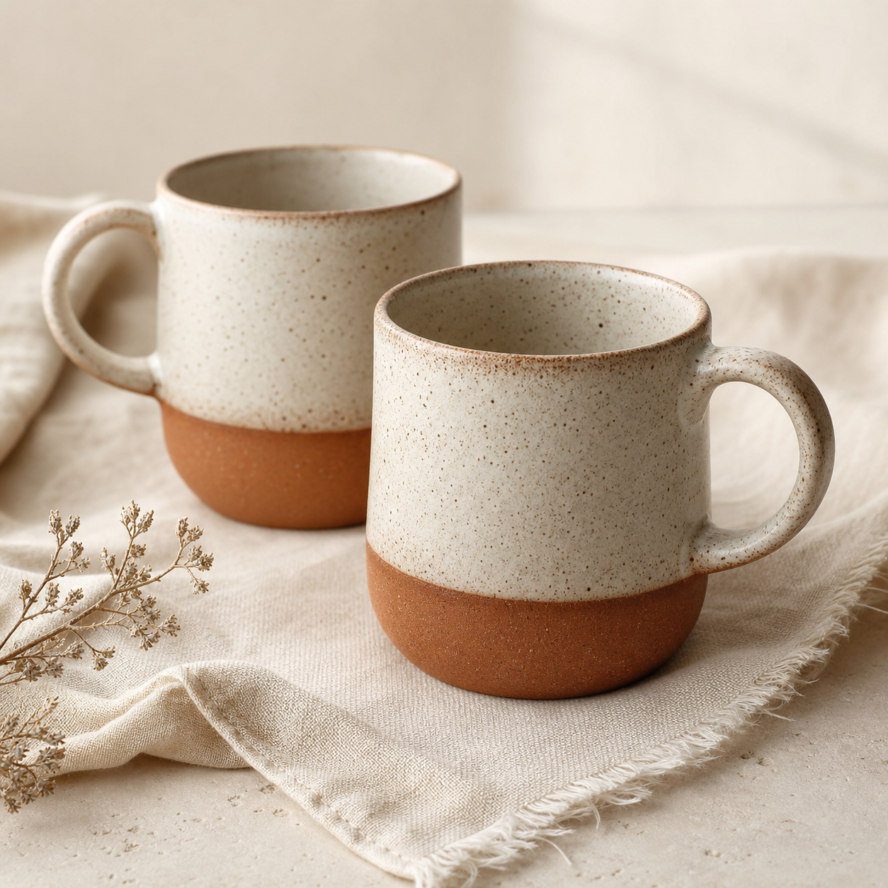 Two handmade speckled ceramic mugs