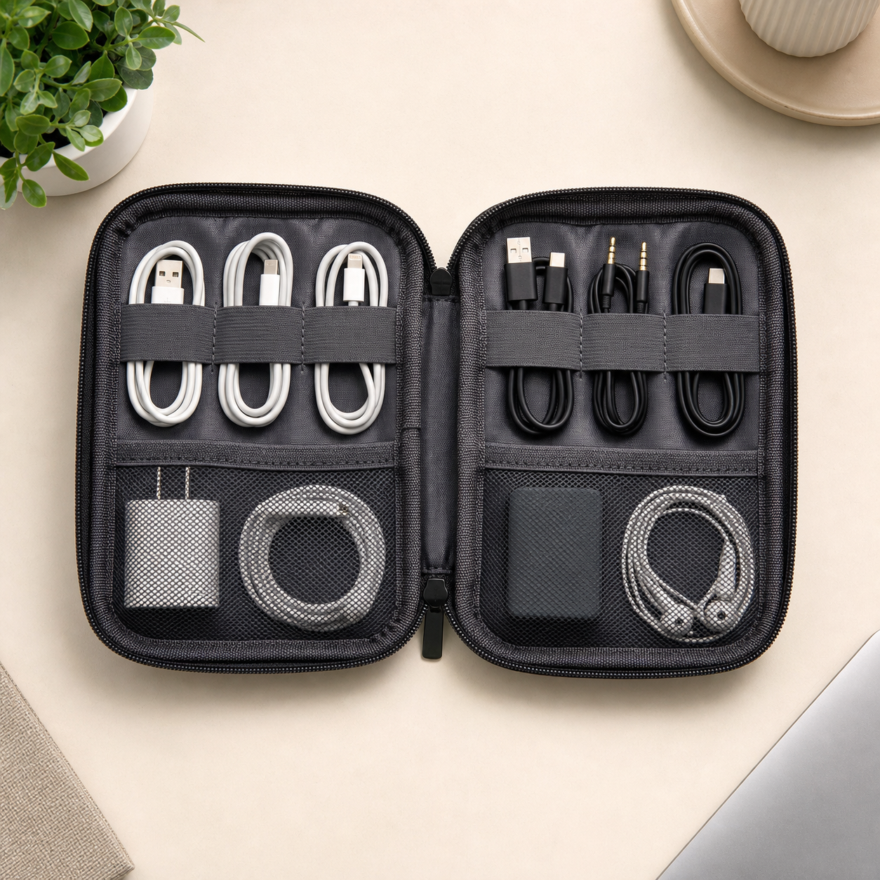 Open charcoal tech organizer pouch with cable compartments